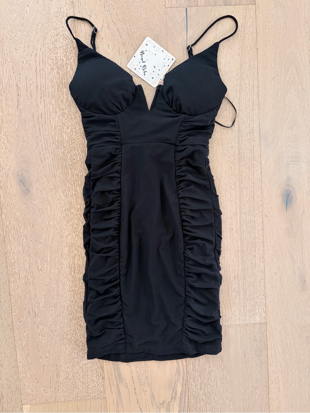 Angel Biba Black Ruched Mini Dress with V-Neck XS